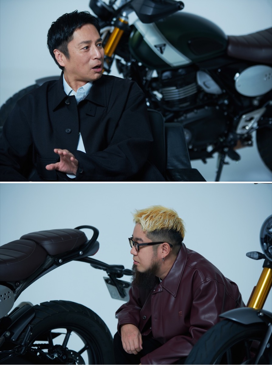 EYESCREAM WEB「Talk Session: 徳井義実×FUJI（WANIMA）Triumphのバイクを前に考えるバイク相棒論」